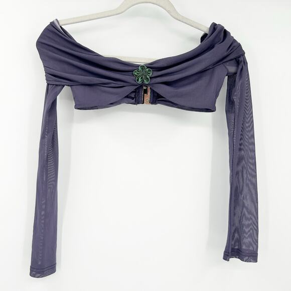 Outcast Womens Summer Going Out Rozeli‎ Off Shoulder Mesh Long Sleeve Crop Top M - Picture 2 of 9